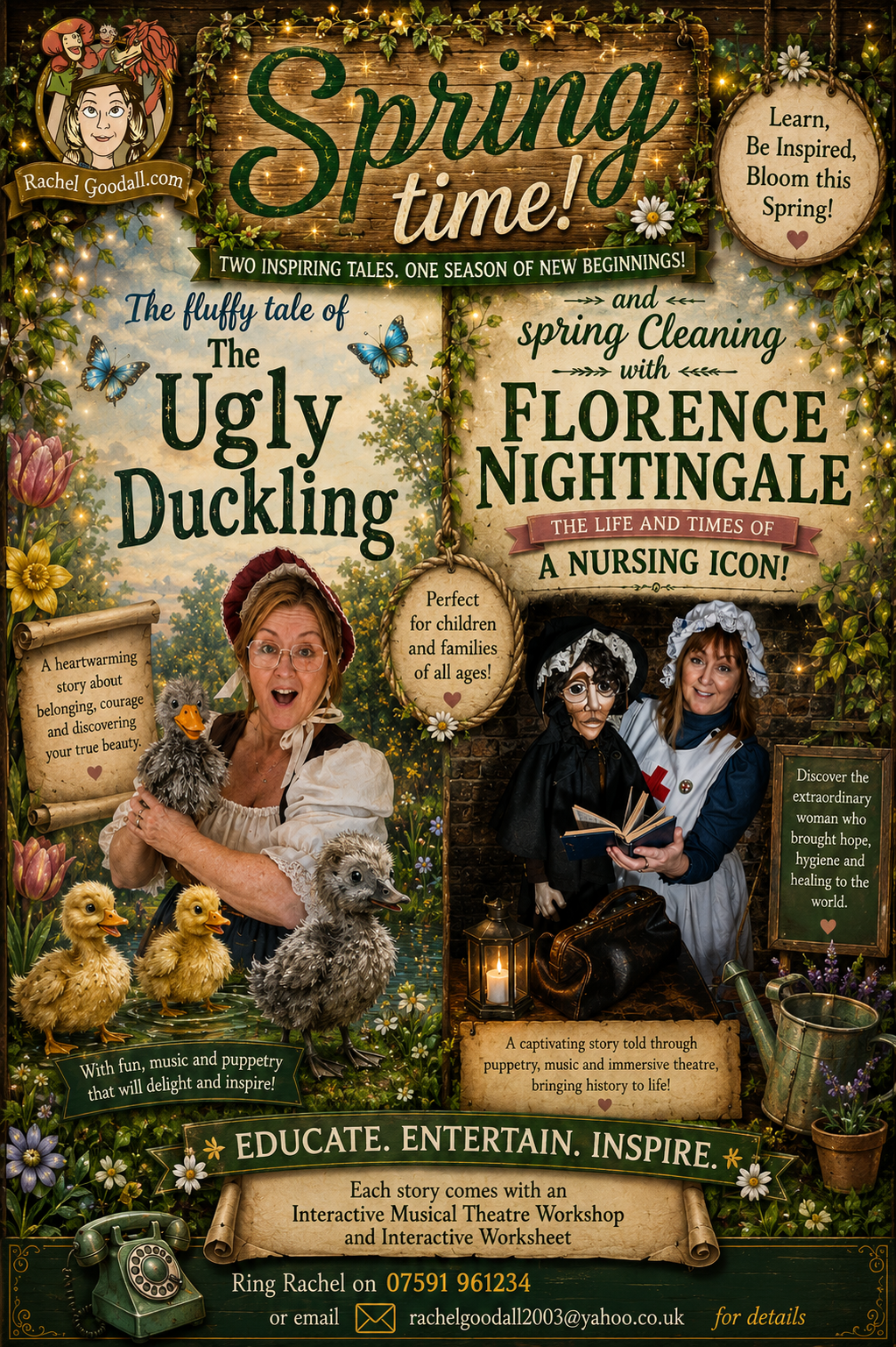 Springtime Potting Shed promotional artwork featuring The Ugly Duckling and Florence Nightingale.
